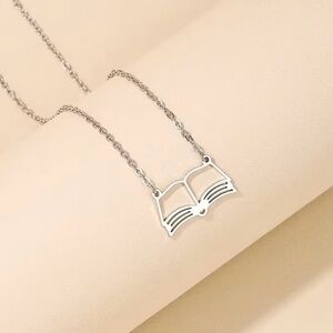 Brand New Dainty Silver Toned Open Book Pendant Necklace